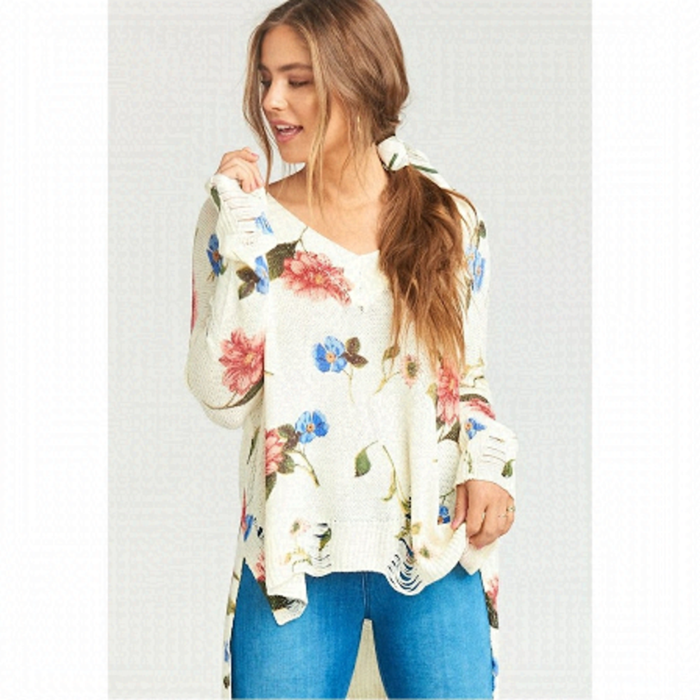 Show Me Your Mumu-Cliffside Sweater In Distressed Florence Floral Knit (Size:XS)